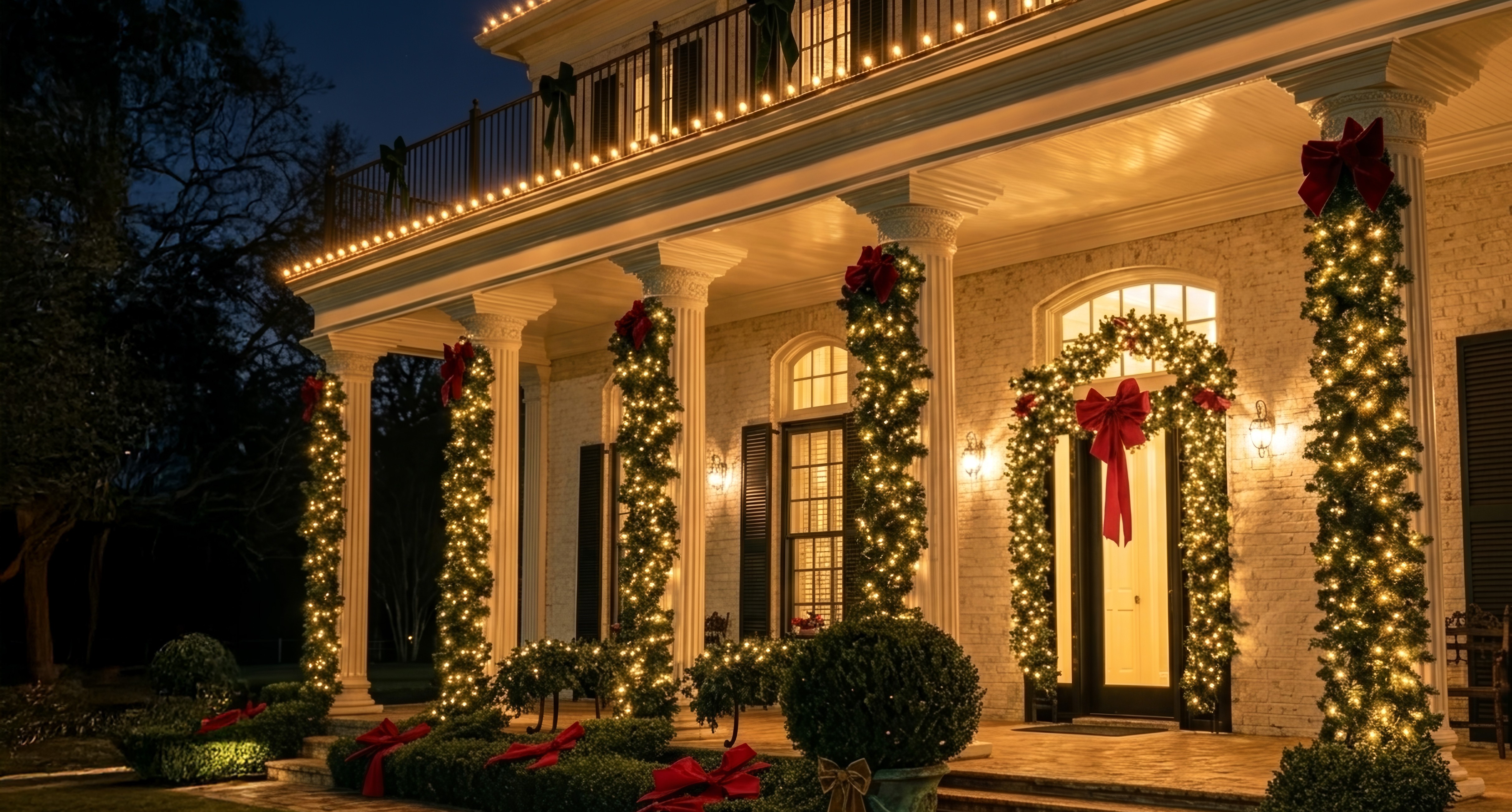 A grand home entrance wrapped in warm white Christmas lights and garland