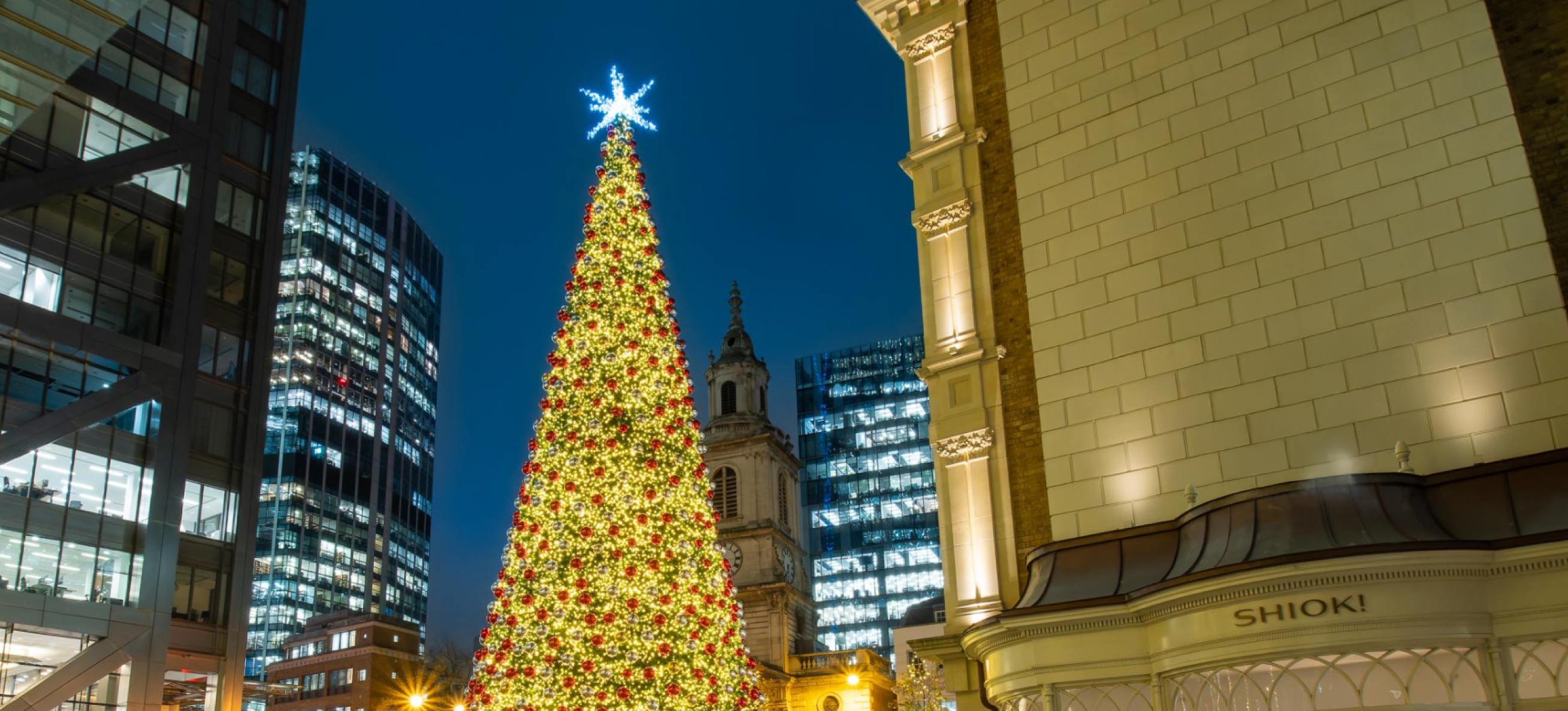 A large lit Christmas tree in a city square at night